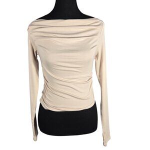 NWT | Nude Cream Ruched Long Sleeve Cowl Off Shoulder Top Thumb Holes | Small